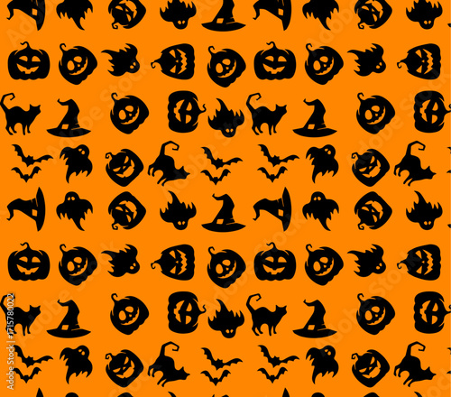 creepy Halloween seamless pattern with scary pumpkins, flying bats, witches’ hats, and ghostly figures on orange backdrop for seasonal design, wrapping paper, and decorations
