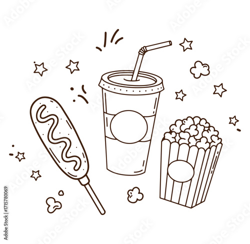 Simple hand drawn illustration of cinema snacks including popcorn soda and a corn dog