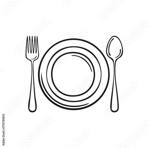 Illustration of a place setting with a plate, fork, and spoon.