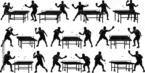 Table tennis silhouette set, black and white illustration, ping pong players action, dynamic poses, sports movement, paddle and ball