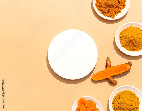 Turmeric powder and root on beige background