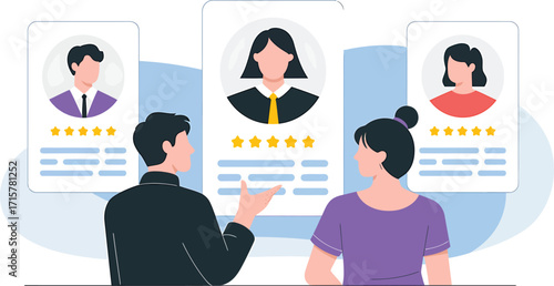 Recruitment Process Illustration with HR Managers Reviewing Candidate Profiles, Job Applications, and Employee Selection for Hiring
