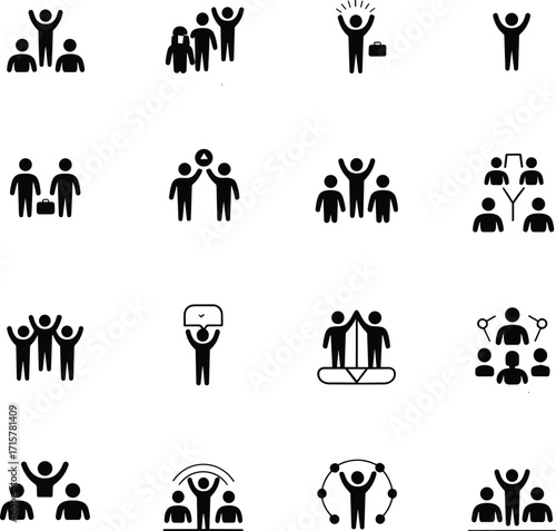 Teamwork icon set, group collaboration symbols, business people icons, leadership, partnership, communication, success and unity in vector design