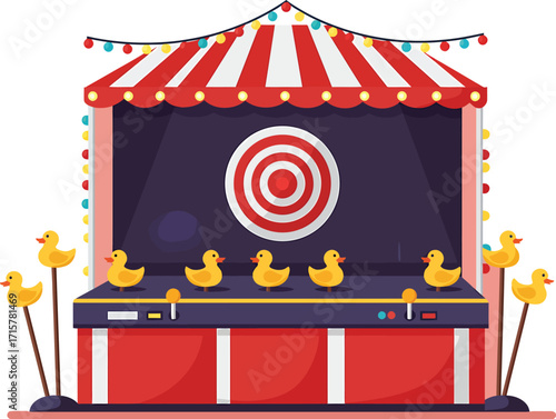 Carnival Shooting Game Booth with Rubber Ducks and Target Under Red and White Tent Illustration
