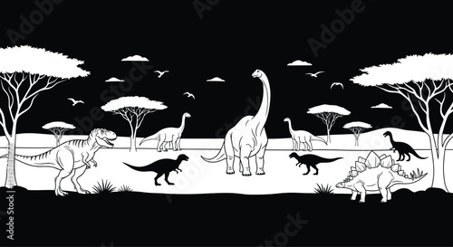 Prehistoric dinosaur landscape, black and white illustration, Brachiosaurus, Stegosaurus, T-Rex, acacia trees, savanna scene, cad drawing flat vector illustration