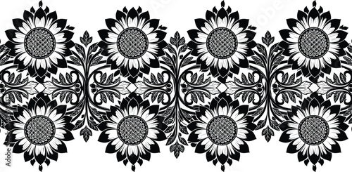 sunflower black and white floral border vector with ornamental design, vintage intricate decorative seamless pattern for design projects.