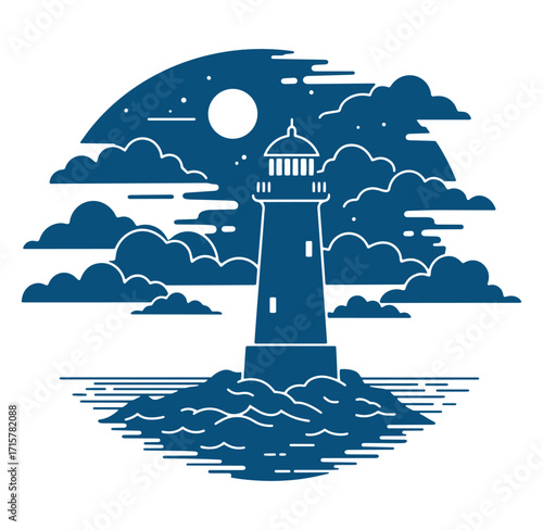 Vector illustration of a lighthouse standing amongst clouds under a moonlit night