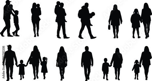 Black silhouette family illustration, adult and child interactions in various poses, parenting and bonding concept, cad drawing flat vector illustration