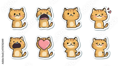 A collection of eight adorable cartoon cat stickers showing different emotions. Each cat has a unique expression, from crying to happy, making them fun and lively.