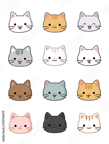 This collection features twelve cute cat faces in a grid format, showcasing an array of colors and playful expressions. Each face adds charm and joy.