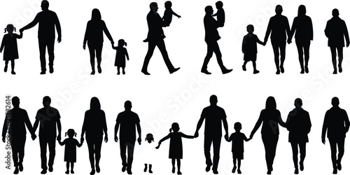 Black silhouette family illustration, adults and children in various bonding poses, parenting and relationship concept, cad drawing flat vector illustration