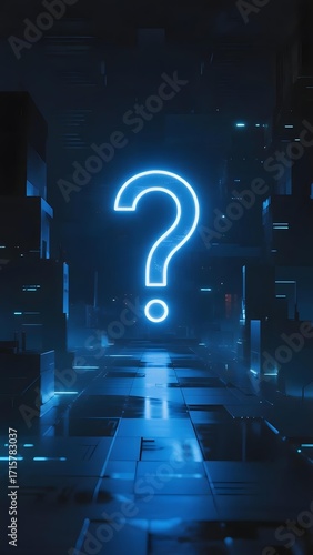 Neon question mark glowing in a futuristic corridor with blue lighting and reflective floor