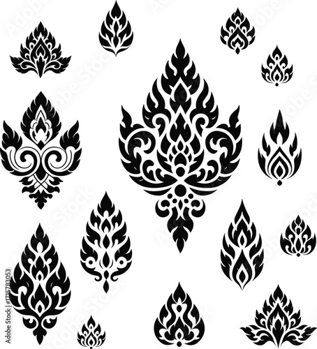  Traditional Thai floral art, a set of detailed vector illustrations of the delicate and decorative Lai Thai pattern, perfect for design projects.
