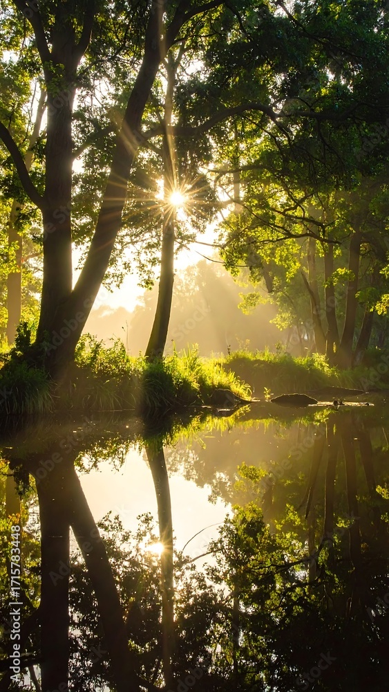 Fototapeta premium Sunlight streams through a lush forest canopy, casting a golden glow on a tranquil river reflecting the trees.