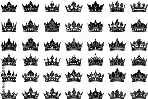 Black crown icon set, royal vector silhouettes, luxury emblem collection, heraldic symbols, monarchy design, vintage crown clipart, regal illustration