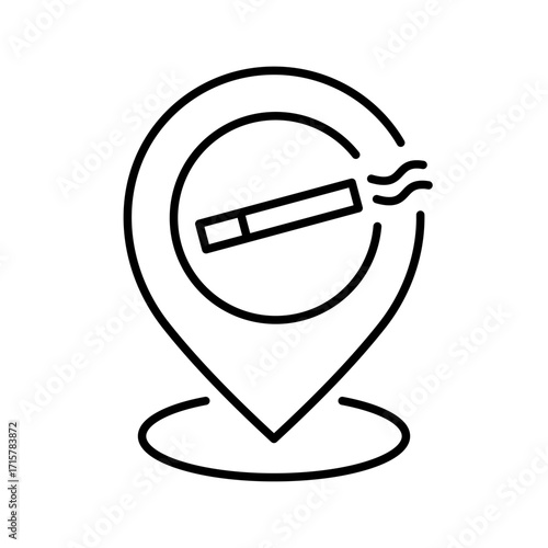 Map pin with a cigarette line icon. Smoking allowed area. Designated place for smokers. Smoker friendly zones. Public tobacco use locations in restaurants, airports and outdoor. Vector illustration. 