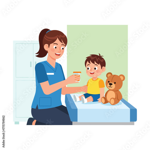 Nurse Guiding Child to Medicine