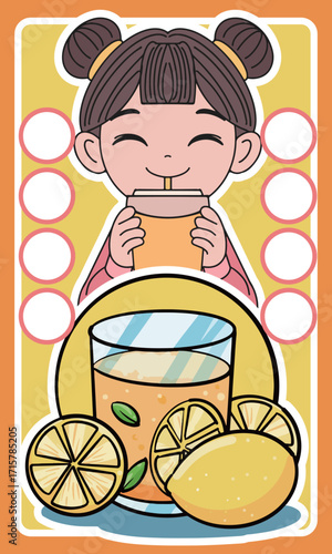 Cartoon poster illustration of a girl having afternoon tea
