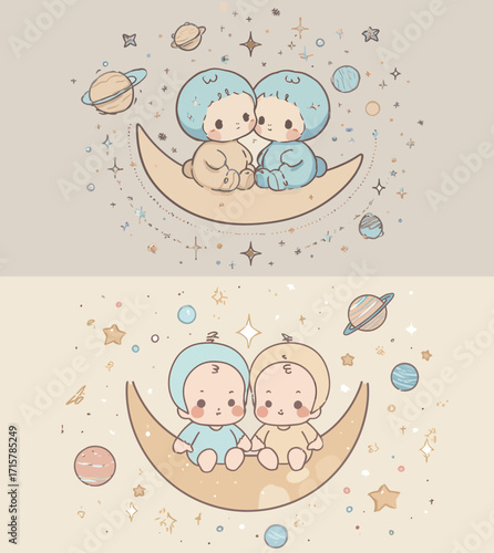 Two adorable babies in blue and beige outfits sit closely on a crescent moon. They are surrounded by colorful stars and planets, creating a whimsical scene.