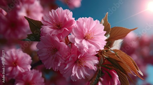Sun shining through treetops with lens flare concept. Beautiful pink cherry blossoms bloom in vibrant spring sunlight.