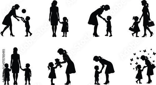Black silhouette of woman with children, nurturing and playful moments, emotional bonding scenes, family care concept, cad drawing flat vector illustration