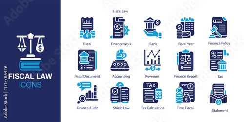 Fiscal Law icon set. Containing legal, revenue, justice, taxation, economy and more. Solid vector icons collection. Vector illustration.