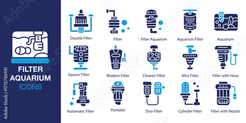 Filter Aquarium icon set. Containing equipment, tank, pump, filtration, fish tank and more. Solid vector icons collection. Vector illustration.