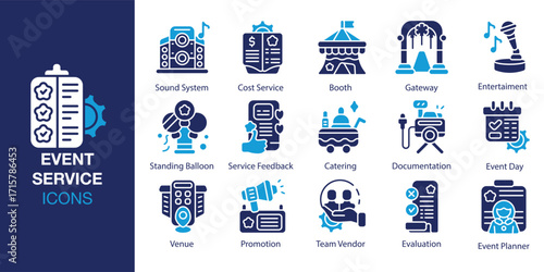 Event Service icon set. Containing catering, wedding, restaurant, decoration, table and more. Solid vector icons collection. Vector illustration.