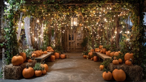 Elegant autumn wedding reception setup with pumpkins festive decorations warm lighting and rustic wooden elements outdoor venue