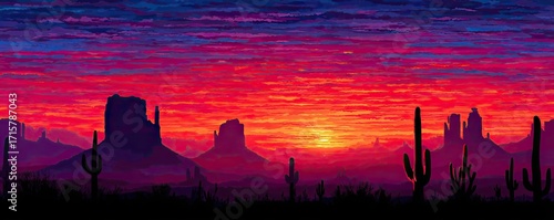 Desert landscape with cacti and red rocks concept. Stunning sunset over desert landscape with vibrant sky colors.
