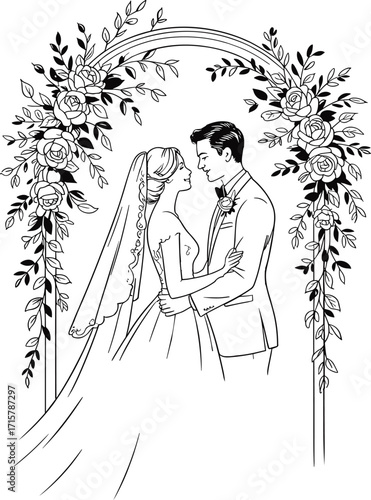 Wedding couple under floral arch, romantic bride and groom illustration, elegant line art for invitations, ceremony decor, or design projects