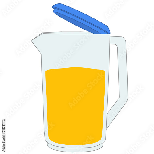 Illustration of a transparent jug filled with orange juice and a blue lid, simple flat style design, isolated on white background