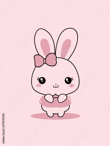 A charming pink bunny with big eyes and a cute bow sits cheerfully against a soft pink background. This playful design is perfect for childrens rooms or decorations.