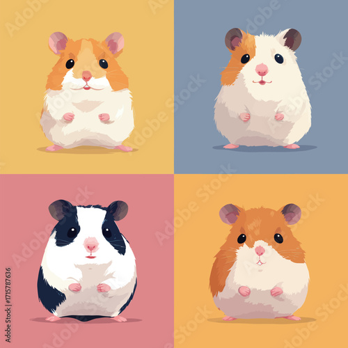 Four adorable cartoon guinea pigs display different colors and poses on lively backgrounds. Each one showcases its unique traits, adding fun and charm to the scene.