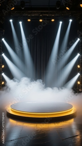 Circular stage with spotlight beams and fog effects in a dark theater setting