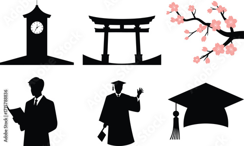 Clock Tower, Torii Gate, Cherry Blossoms, and Graduates Silhouette Vector Illustration Set
