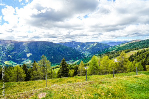 View of the surrounding landscape of the Nockberge Biosphere Reserve. Nature in the mountain region of Salzburg's Lungau region.
