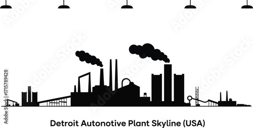 Detroit Automotive Plant Skyline Silhouette with Smoke and Industrial Buildings on Transparent