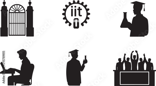 IIT University Silhouette Icons Collection Gate, Logo, Student, and Graduation Vector Illustration