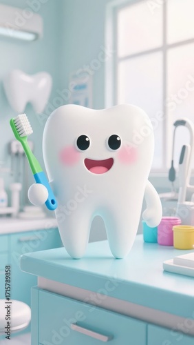 A cartoon tooth character holding a toothbrush in a bright, clean bathroom setting.