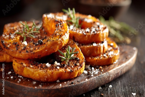 Roasted pumpkin slices with rosemary, coarse salt, and black pepper on a dark wooden board, healthy autumn food