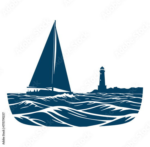 Coastal silhouette featuring a sailboat and lighthouse amidst the sea waves