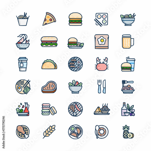 Vibrant collection of delicious food and drink icons for modern culinary branding and menus