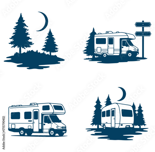 Collection of illustrated motorhomes and recreational vehicles camping near trees at night