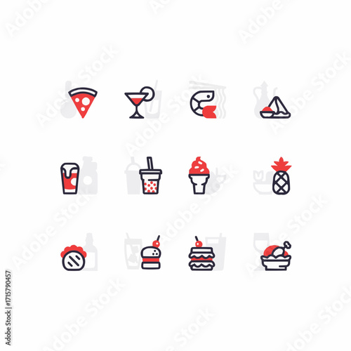Delicious food and drink icons celebrate culinary delights and vibrant flavors for menus and websites