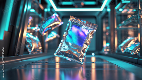 Futuristic food packaging in high-tech environment