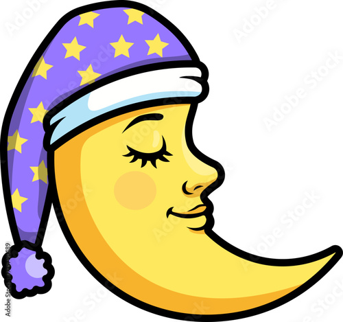Cute Sleeping Moon with Nightcap Vector Illustration