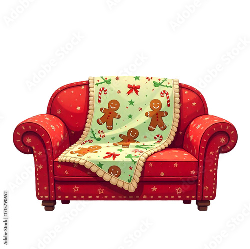 sofa with Christmas blanket  isolated on white background