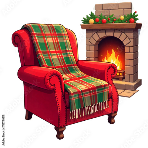 red armchair a Christmas-decorated fireplace and blanket