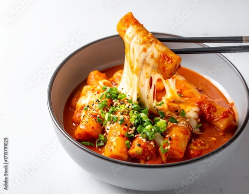 Spicy Korean Tteokbokki with Melted Cheese with white background